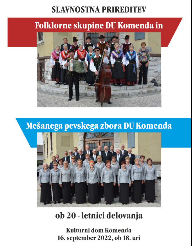 Svečana prireditev ob 20 letnici delovanja Folklorne skupine in MePZ DU Komenda